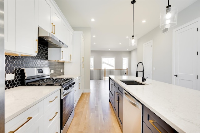 3502 S Union Ave, Chicago, IL 60609 - kitchen featuring stainless steel appliances, a sink, under cabinet range hood, light wood-style flooring, and white cabinetry