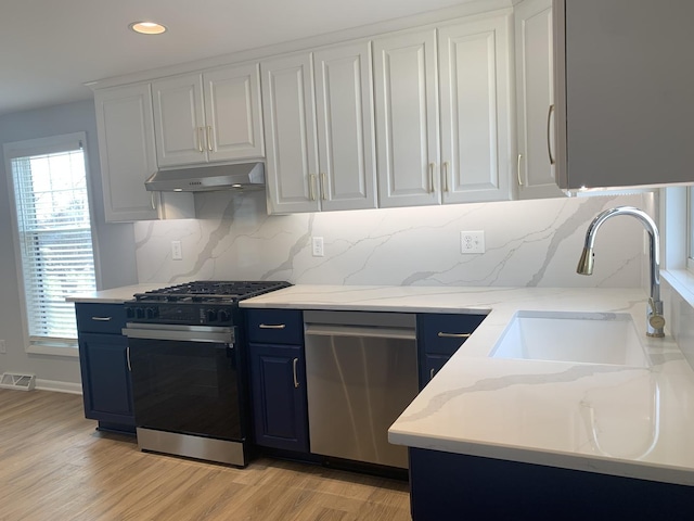 1613 Jones St, Joliet, IL 60435 - kitchen with gas range, stainless steel dishwasher, blue cabinetry, under cabinet range hood, and light wood finished floors