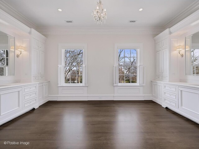 330 S County Line Rd, Hinsdale, IL 60521 - unfurnished dining area with a chandelier, dark wood-style flooring, ornamental molding, and recessed lighting