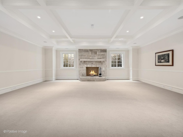 330 S County Line Rd, Hinsdale, IL 60521 - unfurnished living room with beamed ceiling, coffered ceiling, crown molding, carpet, and a fireplace