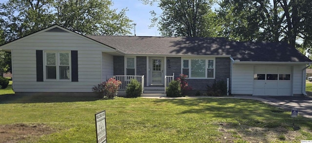 508 N Fayette, Carthage, IL 62321 - ranch-style house with an attached garage, covered porch, a front lawn, and a shingled roof
