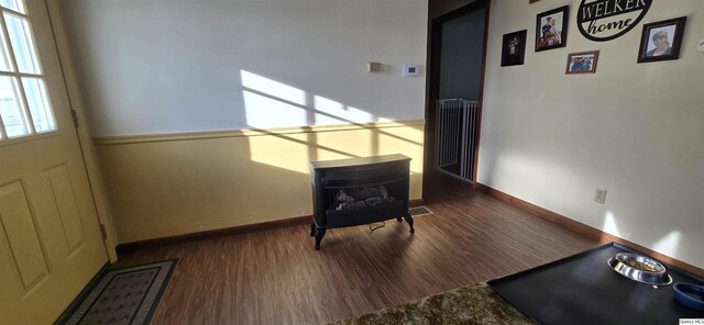 508 N Fayette, Carthage, IL 62321 - foyer entrance featuring a wood stove, wood finished floors, and baseboards