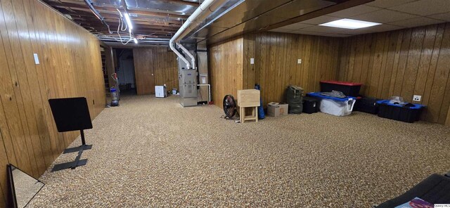 508 N Fayette, Carthage, IL 62321 - below grade area featuring carpet floors, wooden walls, and heating unit