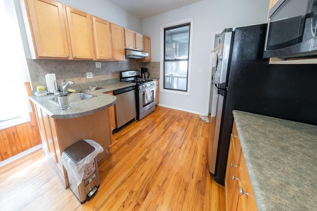 1304 N Campbell Ave, Chicago, IL 60622 - kitchen with light wood-type flooring, under cabinet range hood, a sink, backsplash, and stainless steel appliances
