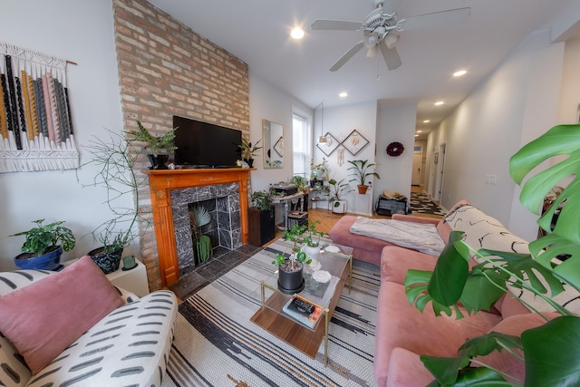 1304 N Campbell Ave, Chicago, IL 60622 - living area with ceiling fan, a brick fireplace, recessed lighting, and wood finished floors