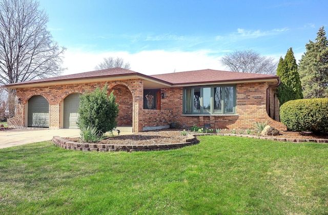 ranch-style home featuring a front lawn, roof with shingles, driveway, brick siding, and a garage