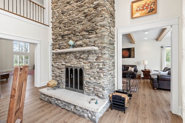living area featuring wood finished floors, a fireplace, and a healthy amount of sunlight