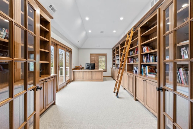 unfurnished office with lofted ceiling, french doors, visible vents, recessed lighting, and light carpet