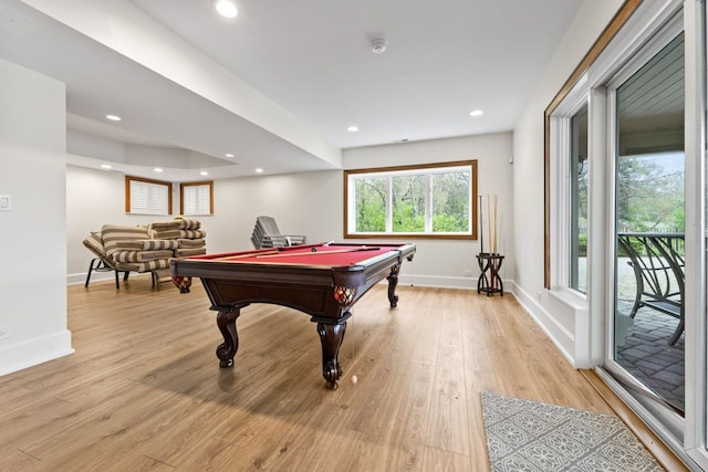 rec room with recessed lighting, light wood-type flooring, baseboards, and pool table
