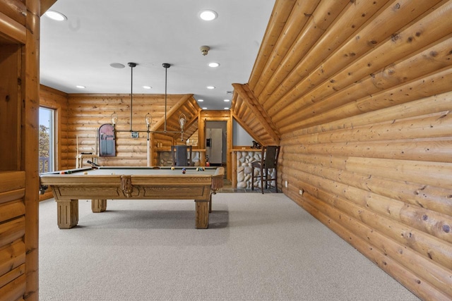10 Old Hart Rd, Barrington Hills, IL 60010 - playroom featuring rustic walls, recessed lighting, carpet, and billiards