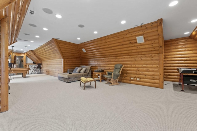 10 Old Hart Rd, Barrington Hills, IL 60010 - carpeted living area featuring recessed lighting, rustic walls, and pool table