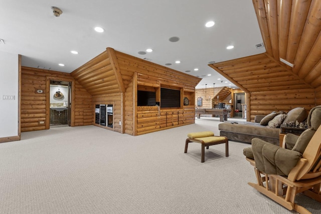 10 Old Hart Rd, Barrington Hills, IL 60010 - living area featuring log walls, recessed lighting, and light colored carpet