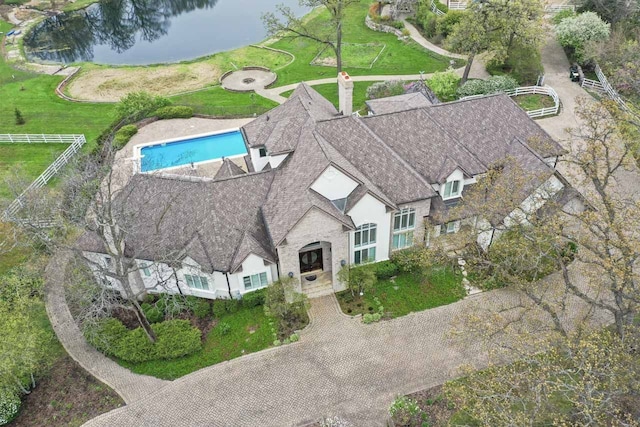 aerial view featuring a water view