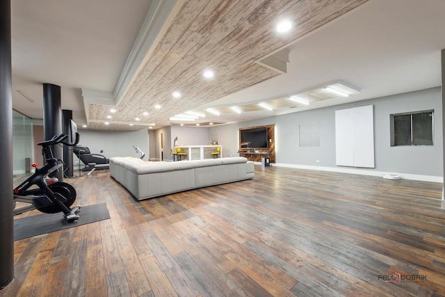 living room with recessed lighting, baseboards, wood ceiling, and hardwood / wood-style flooring
