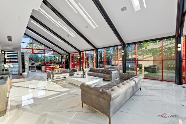 living room featuring visible vents, marble finish floor, lofted ceiling, and a sunroom