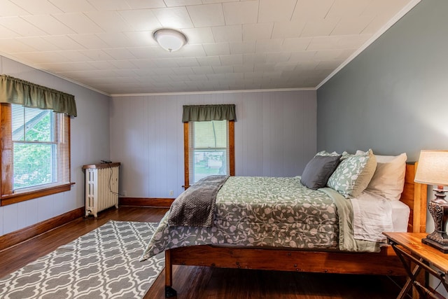 bedroom featuring multiple windows, radiator heating unit, and crown molding