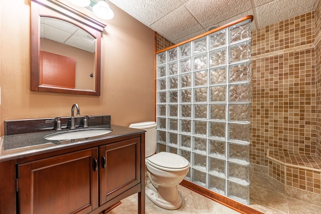 full bathroom featuring toilet, walk in shower, and vanity
