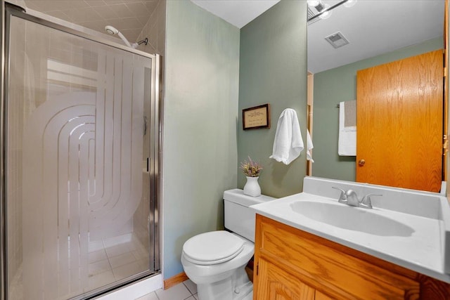 full bathroom with tile patterned floors, visible vents, a stall shower, and toilet