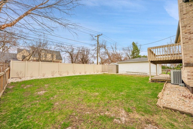view of yard with a deck, central AC, and a fenced backyard