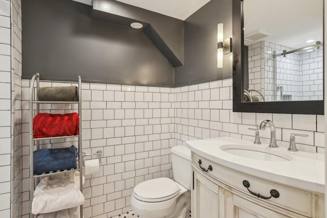 5842 N Kingsdale Ave, Chicago, IL 60646 - full bathroom with tile walls, toilet, a shower, and vanity