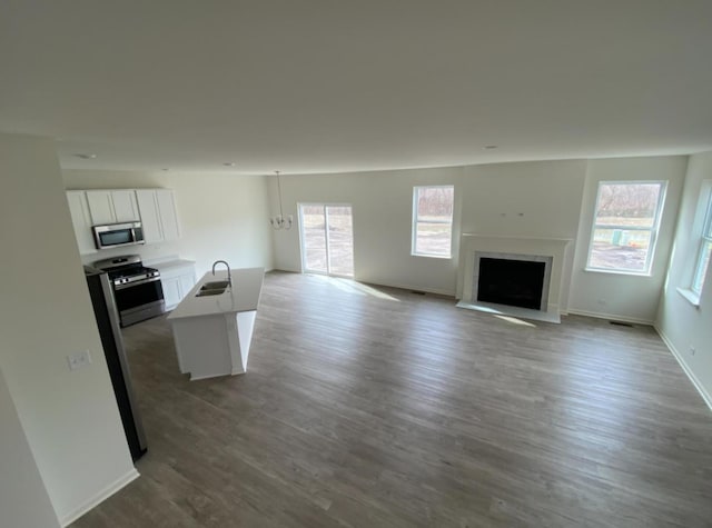 32004 Savannah Dr, Lakemoor, IL 60051 - unfurnished living room featuring dark wood-style flooring, healthy amount of natural light, and a fireplace with raised hearth