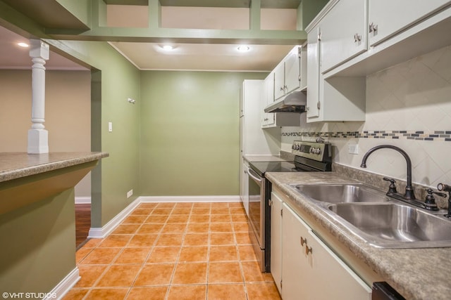 675 Grove Dr Unit 204, Elk Grove Village, IL 60007 - kitchen featuring white cabinets, a sink, stainless steel electric stove, under cabinet range hood, and backsplash