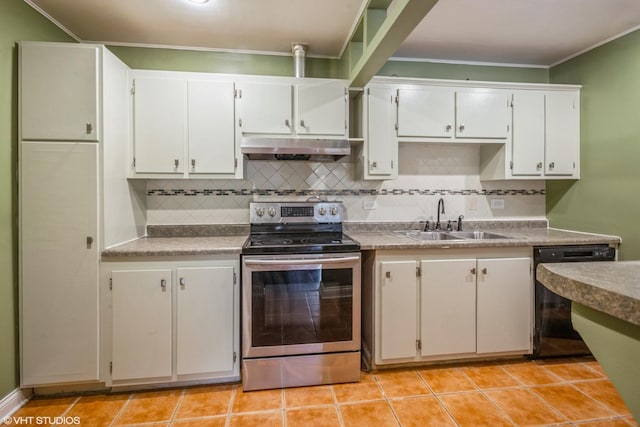 675 Grove Dr Unit 204, Elk Grove Village, IL 60007 - kitchen with a sink, stainless steel electric stove, under cabinet range hood, black dishwasher, and backsplash