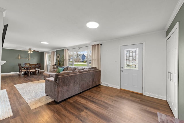 4N210 Norris Ave, West Chicago, IL 60185 - living room with dark wood-style flooring, visible vents, baseboards, ceiling fan, and crown molding