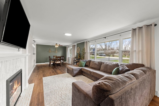 4N210 Norris Ave, West Chicago, IL 60185 - living room featuring a glass covered fireplace, wood finished floors, crown molding, and baseboards