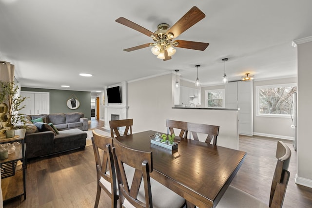 4N210 Norris Ave, West Chicago, IL 60185 - dining area featuring ceiling fan, a fireplace, baseboards, ornamental molding, and recessed lighting