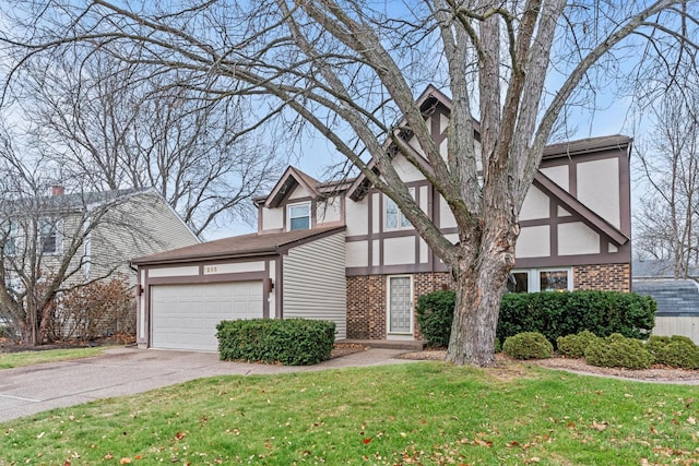 tudor-style house featuring brick siding, a front lawn, stucco siding, driveway, and an attached garage