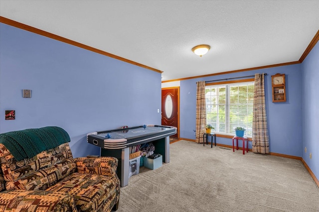 3504 Royal Oak Ct, Champaign, IL 61822 - living area with ornamental molding, carpet, and a textured ceiling