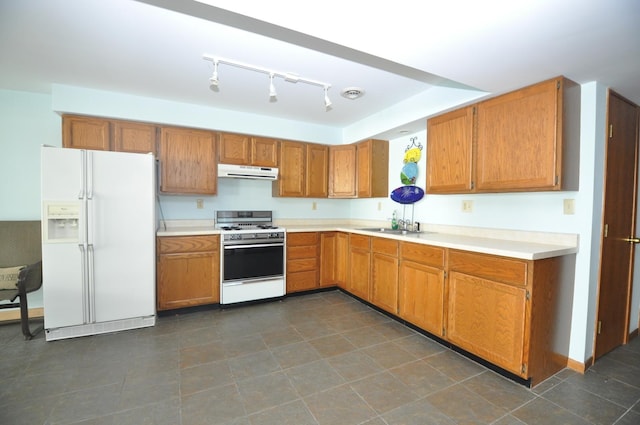 24109 64th Pl, Paddock Lake, WI 53168 - kitchen with white appliances, exhaust hood, light countertops, brown cabinetry, and a sink