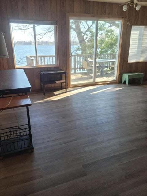 24109 64th Pl, Paddock Lake, WI 53168 - dining room featuring wood finished floors, a water view, wooden walls, and plenty of natural light