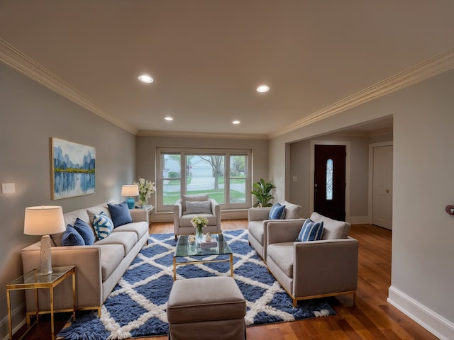 1108 N Devonshire Rd, Buffalo Grove, IL 60089 - living room featuring baseboards, wood finished floors, recessed lighting, and crown molding