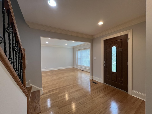 1108 N Devonshire Rd, Buffalo Grove, IL 60089 - foyer with light wood-style floors, stairs, baseboards, crown molding, and recessed lighting