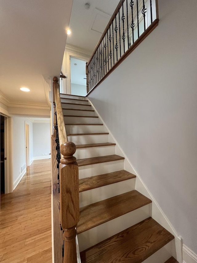 1108 N Devonshire Rd, Buffalo Grove, IL 60089 - stairs with crown molding, baseboards, wood finished floors, and recessed lighting