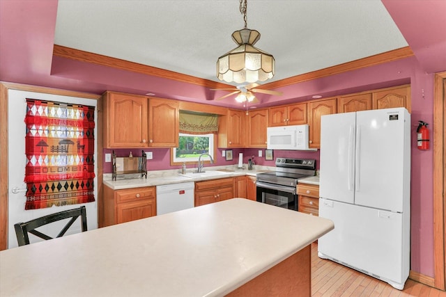 313 W Church St, Savoy, IL 61874 - kitchen featuring crown molding, a sink, white appliances, light countertops, and a ceiling fan