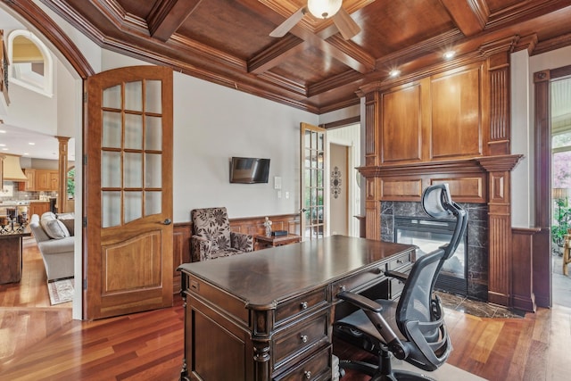 831 Alberosky Way, Batavia, IL 60510 - office area featuring crown molding, wood ceiling, coffered ceiling, a ceiling fan, and wood finished floors