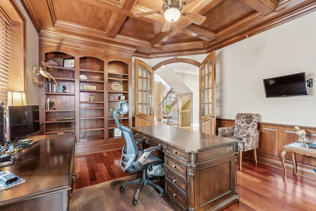 831 Alberosky Way, Batavia, IL 60510 - office area featuring wooden ceiling, crown molding, a ceiling fan, wood finished floors, and coffered ceiling