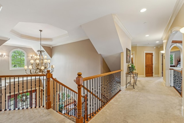 831 Alberosky Way, Batavia, IL 60510 - hall with an upstairs landing, carpet floors, a chandelier, ornamental molding, and recessed lighting