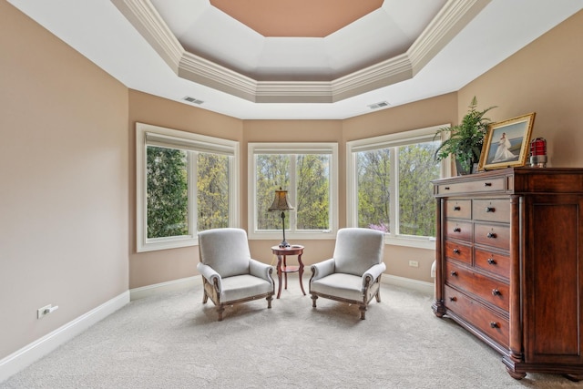831 Alberosky Way, Batavia, IL 60510 - living area featuring a raised ceiling, crown molding, light carpet, and baseboards