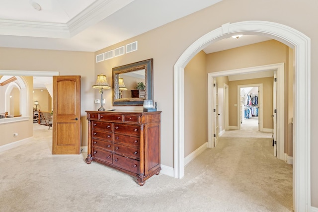 831 Alberosky Way, Batavia, IL 60510 - hall featuring light colored carpet, ornamental molding, arched walkways, and baseboards