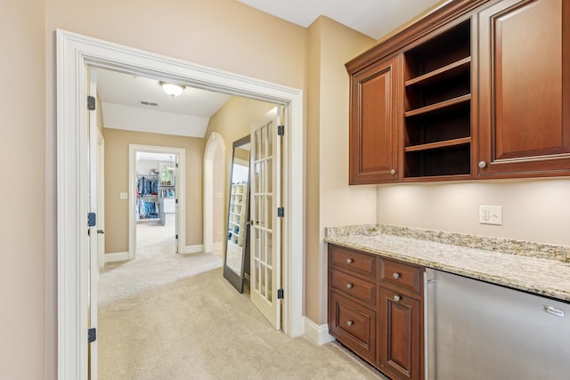 831 Alberosky Way, Batavia, IL 60510 - bar featuring light colored carpet, baseboards, french doors, and arched walkways