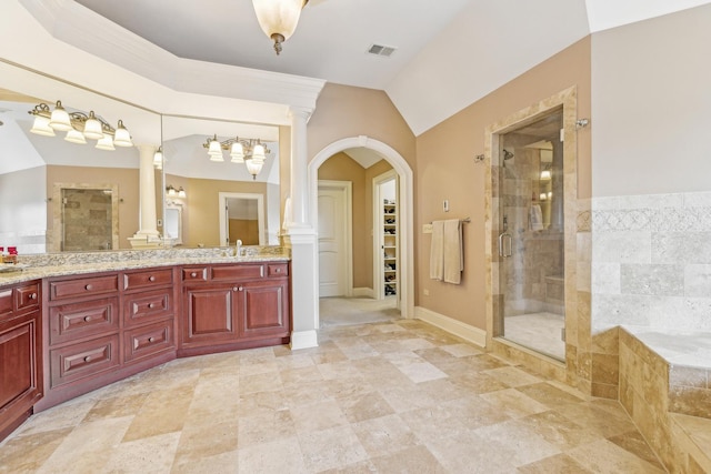 831 Alberosky Way, Batavia, IL 60510 - full bath with a shower stall, ornate columns, vanity, lofted ceiling, and a tub
