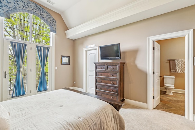 831 Alberosky Way, Batavia, IL 60510 - bedroom featuring baseboards, vaulted ceiling, access to exterior, connected bathroom, and carpet flooring