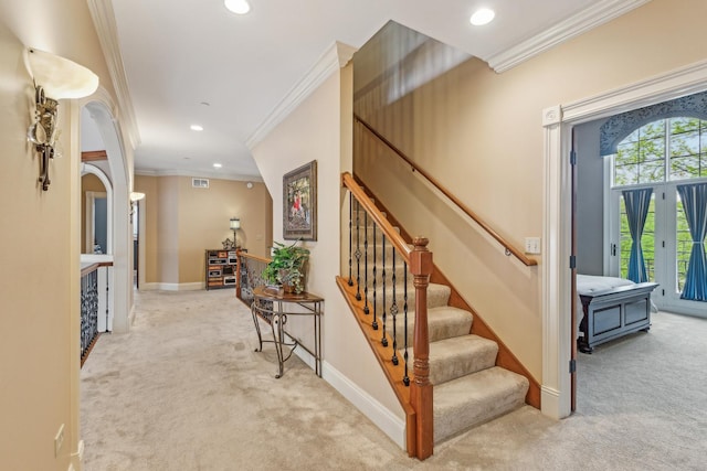 831 Alberosky Way, Batavia, IL 60510 - stairway with carpet floors, crown molding, recessed lighting, baseboards, and arched walkways