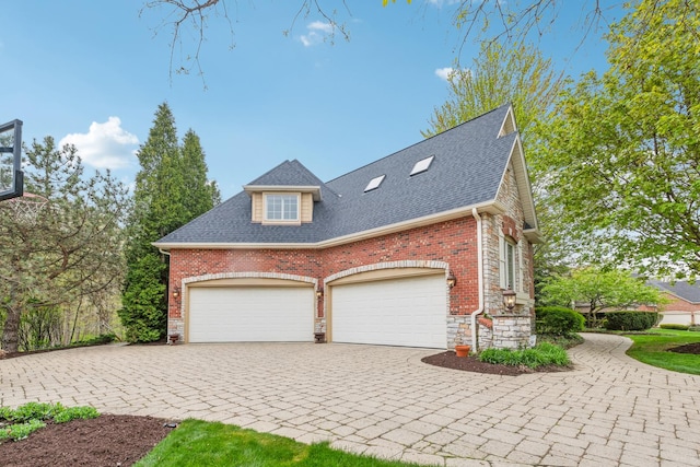 831 Alberosky Way, Batavia, IL 60510 - view of front of home with a shingled roof, decorative driveway, stone siding, a garage, and brick siding