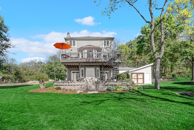 934 Robertson Rd, South Elgin, IL 60177 - rear view of property featuring a wooden deck, a shed, a lawn, and a chimney