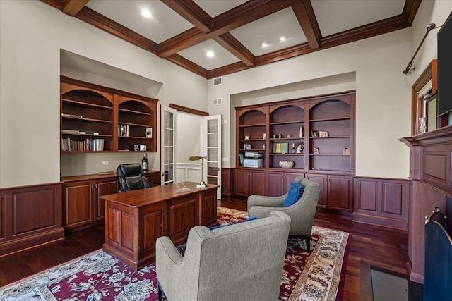 home office featuring dark wood-style flooring, coffered ceiling, beamed ceiling, and wainscoting